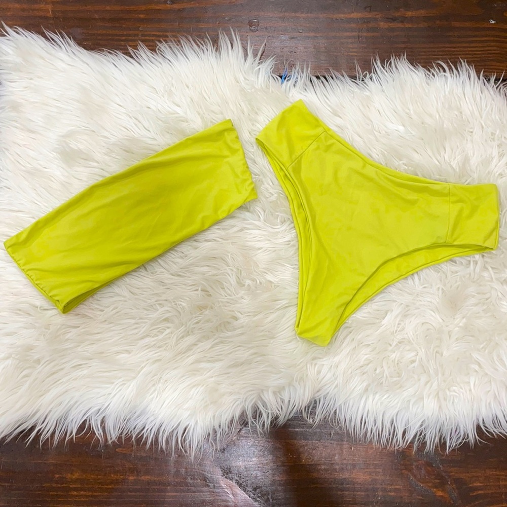 BRIGHT GREEN BANDEAU BIKINI-HIGH RISE BOTTOMS-L